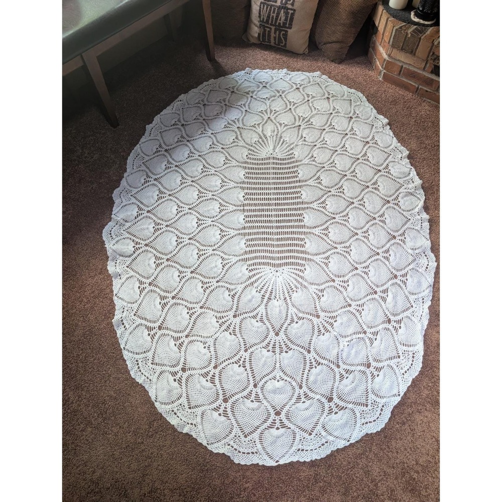 Vintage Crocheted White Oval Table Cloth 78"x 54" Excellent Condition